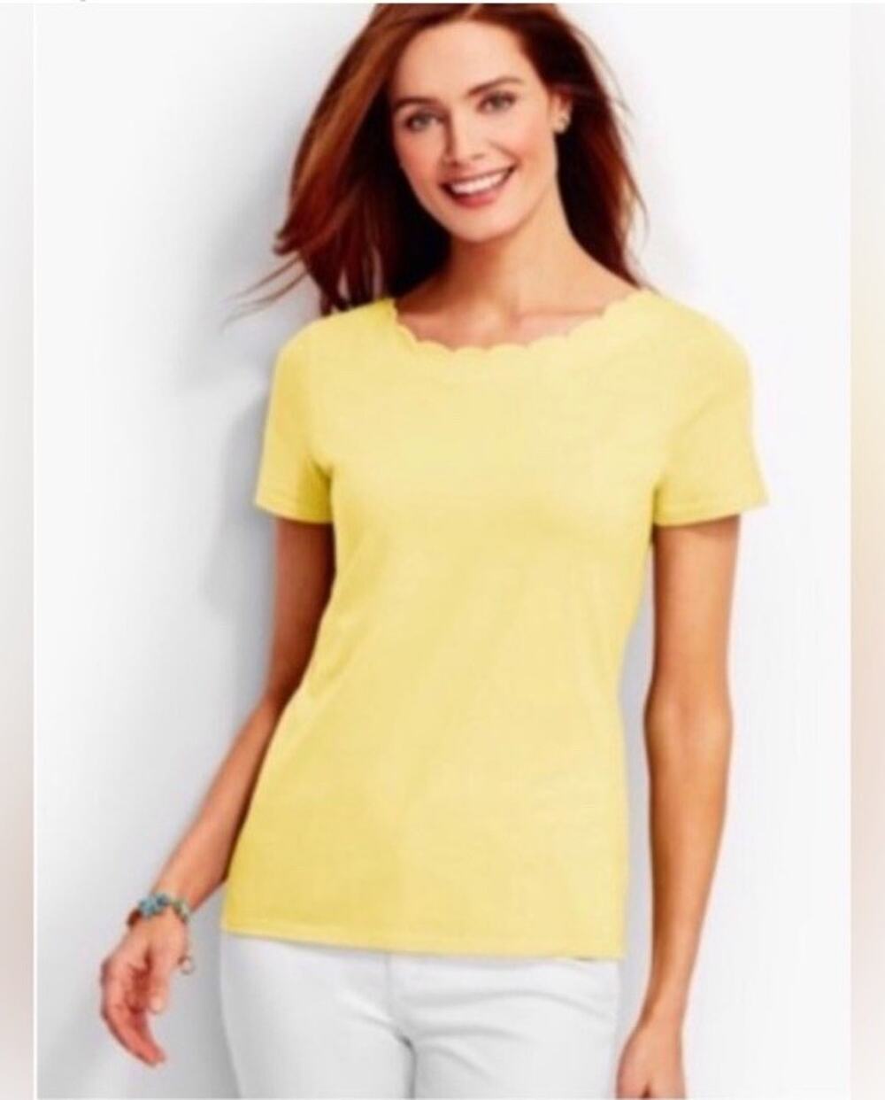 Talbots Top Womens XL Pima Cotton Scalloped Soft Stretch Basic Minimalist butter